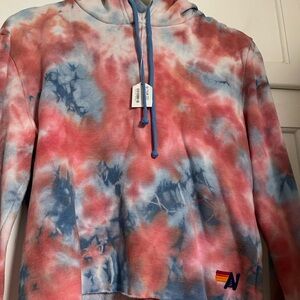 Aviator Nation Pink and Blue Tie-Dye Cropped Hoodie